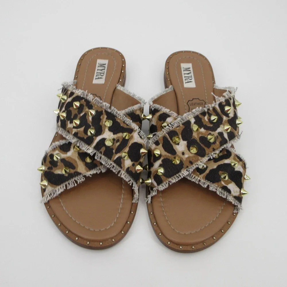 Myra Womens Leopard Print Studded Crisscross Slide Sandals Flat Brown Size 9